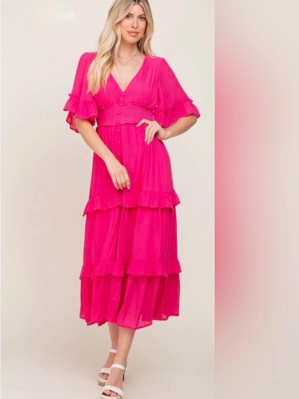 Flying Tomato Hot Pink Tiered Ruffle Midi Dress